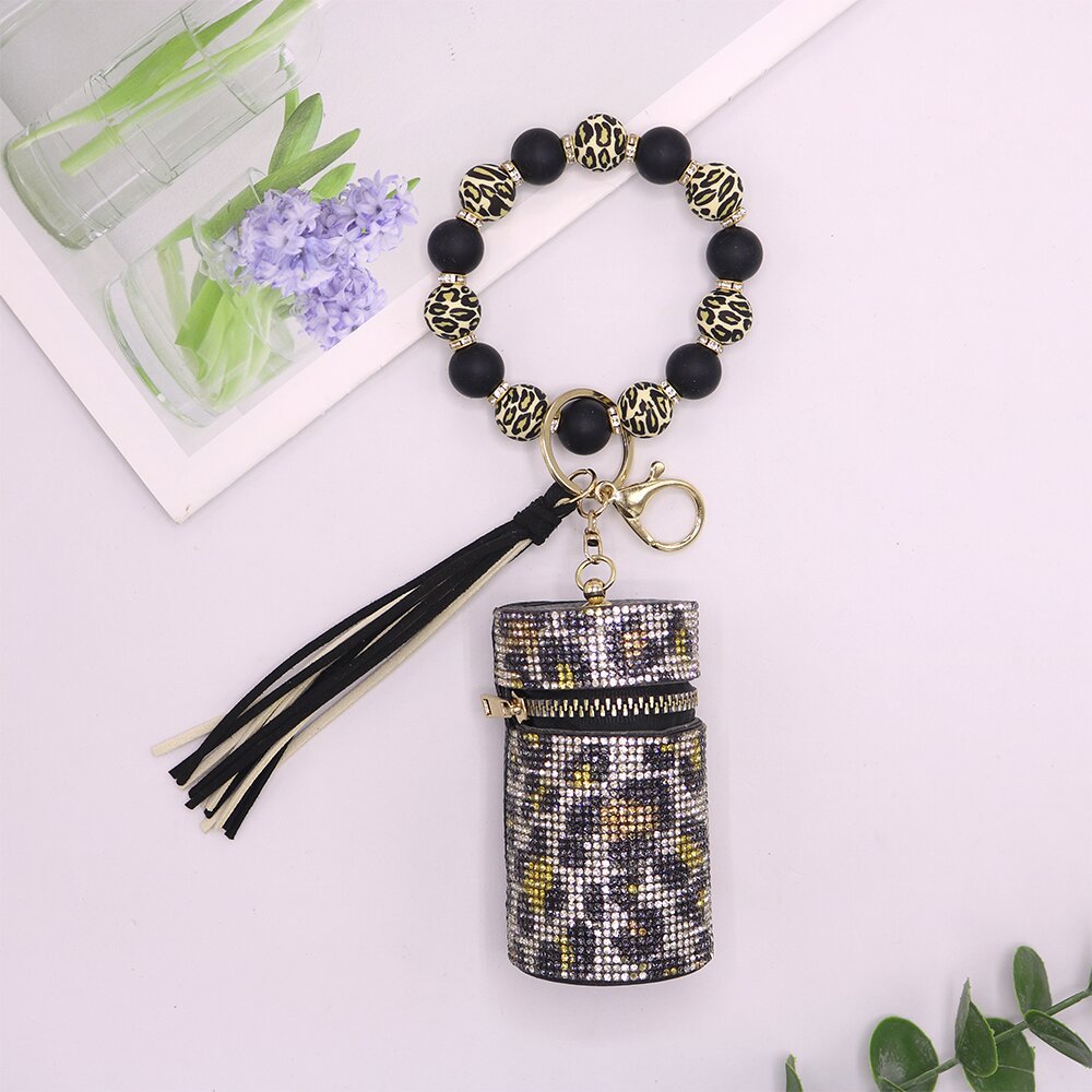 Wholesale Leopard Cow Pattern Leather with Diamond Mouth Red Envelope Silicone Beaded Wrist Keychain